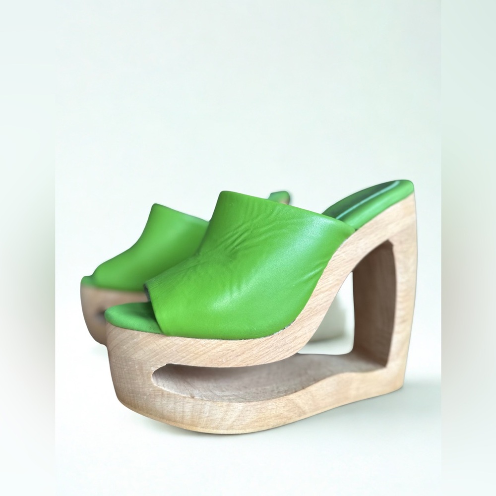 ✨ Jeffrey Campbell Rare Green Leather Wooden Cutout Wedge Platforms – Size 7 (M)
